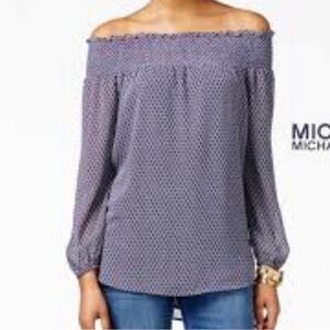 NWOT Michael Kors Women’s XS Off-The-Shoulder Blue Geometric Long-Sleeve Blouse